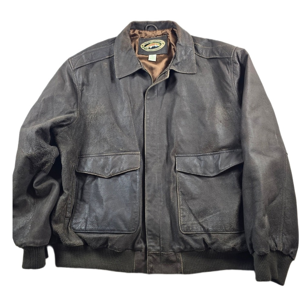 Orvis Leather Bomber Jacket Mens 2XL Brown Distressed Fly Fishing Insulated
